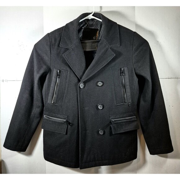 Black Wool Pea Coat By Guess, Men's Size S - Picture 1 of 9